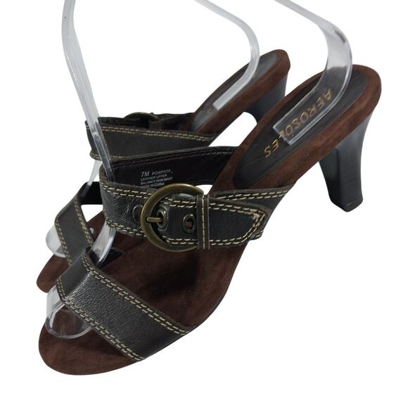 AEROSOLES! ESPRESSO BROWN GENUINE LEATHER CONTRAST STITCHED SANDALS! SZ 7M - Picture 1 of 11